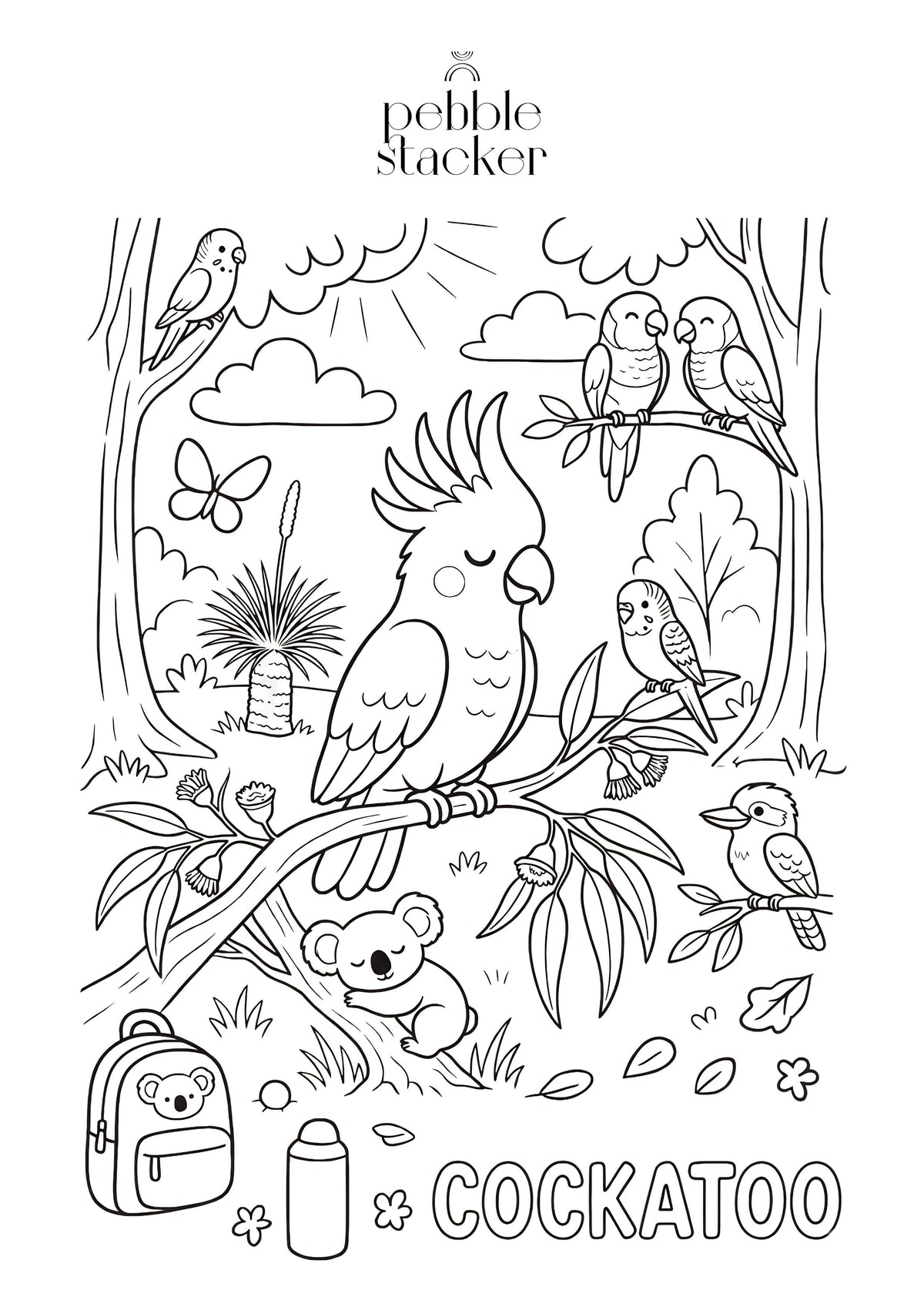 Free Kids’ Coloring Page (Cockatoo) - pebble stacker