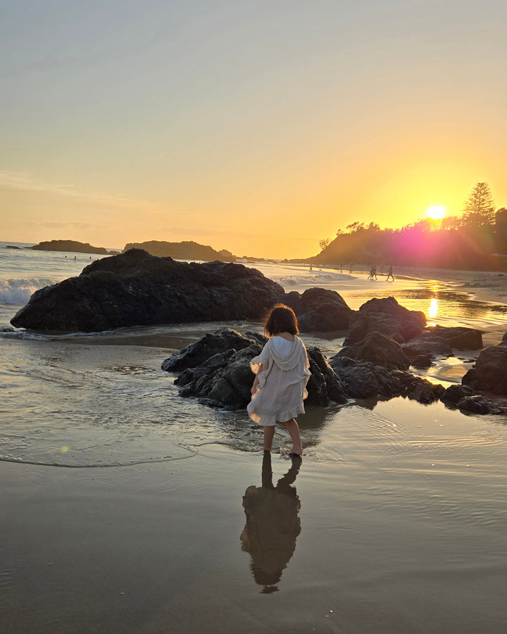 Ruffled Organic Cotton Beach Poncho - Beige Gingham Plaid pebble stacker