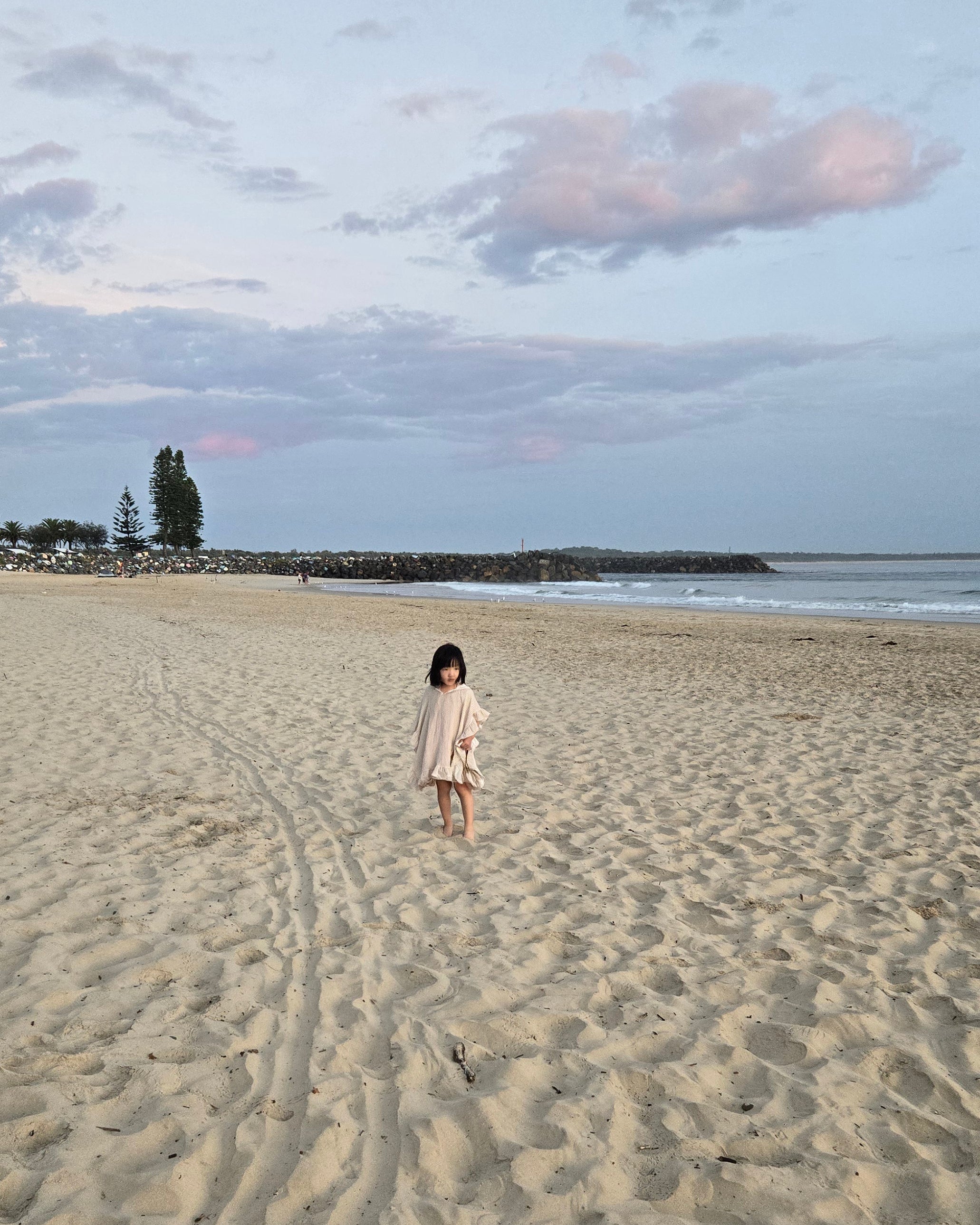 Ruffled Organic Cotton Beach Poncho - Beige Gingham Plaid pebble stacker