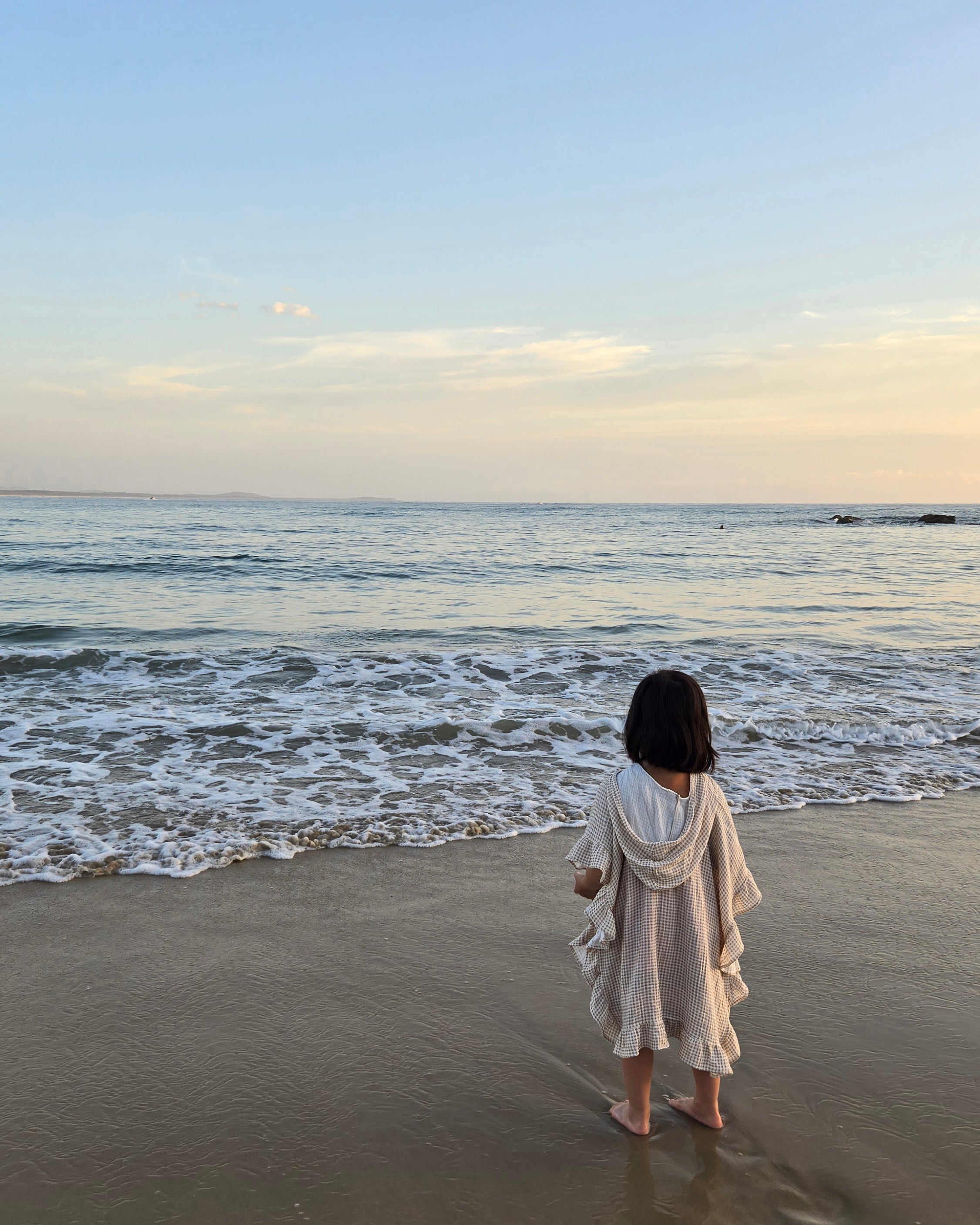 Ruffled Organic Cotton Beach Poncho - Beige Gingham Plaid pebble stacker