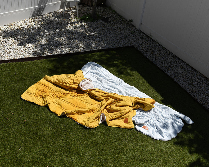 Multi - Purpose Cotton Sleeping Bag Picnic Mat Blanket - Mustard/Beige Stripe - pebble stacker