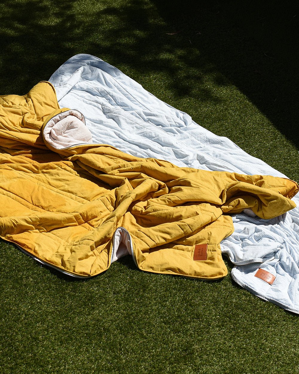 Multi - Purpose Cotton Sleeping Bag Picnic Mat Blanket - Mustard/Beige Stripe - pebble stacker
