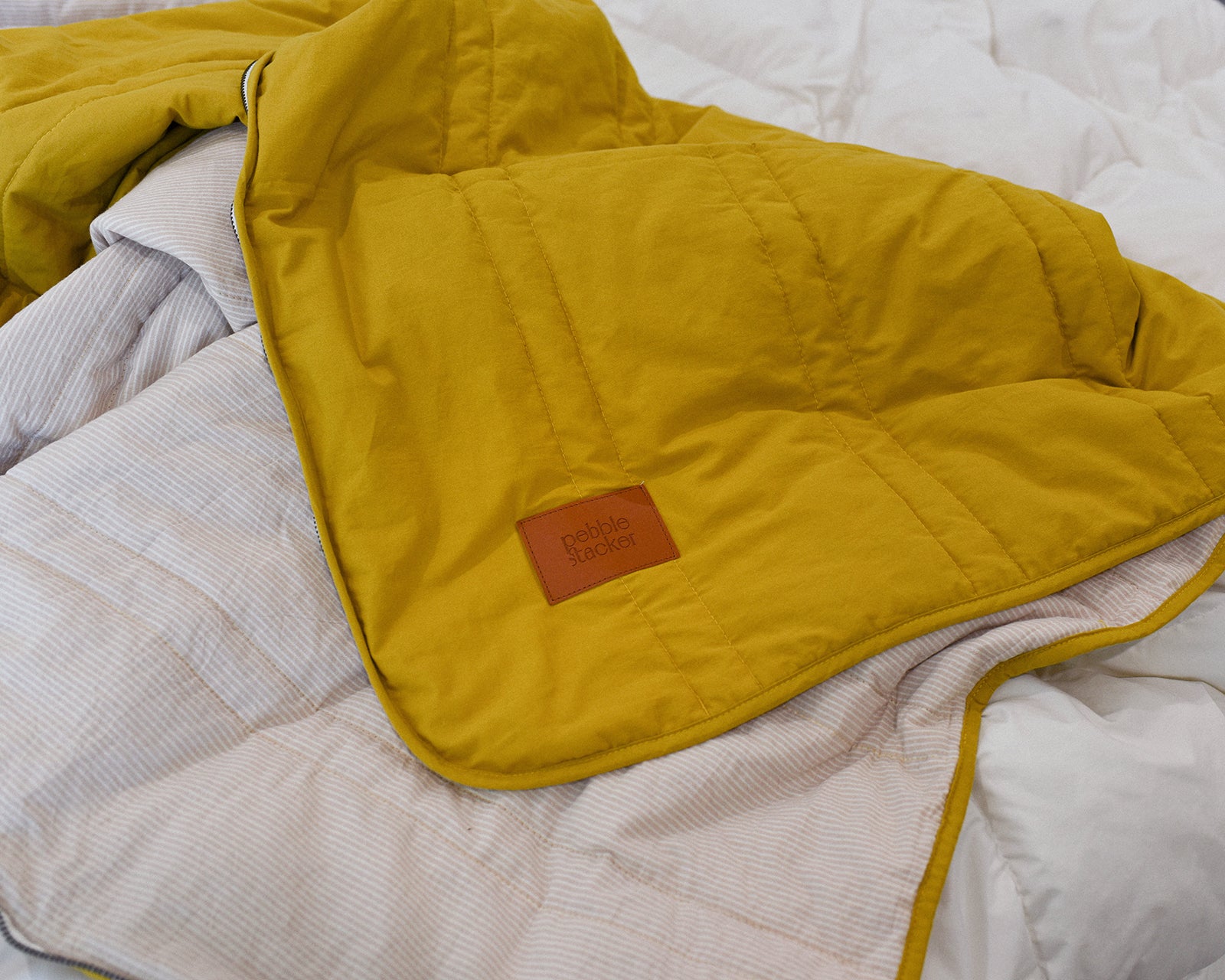 Multi - Purpose Cotton Sleeping Bag Picnic Mat Blanket - Mustard/Beige Stripe - pebble stacker
