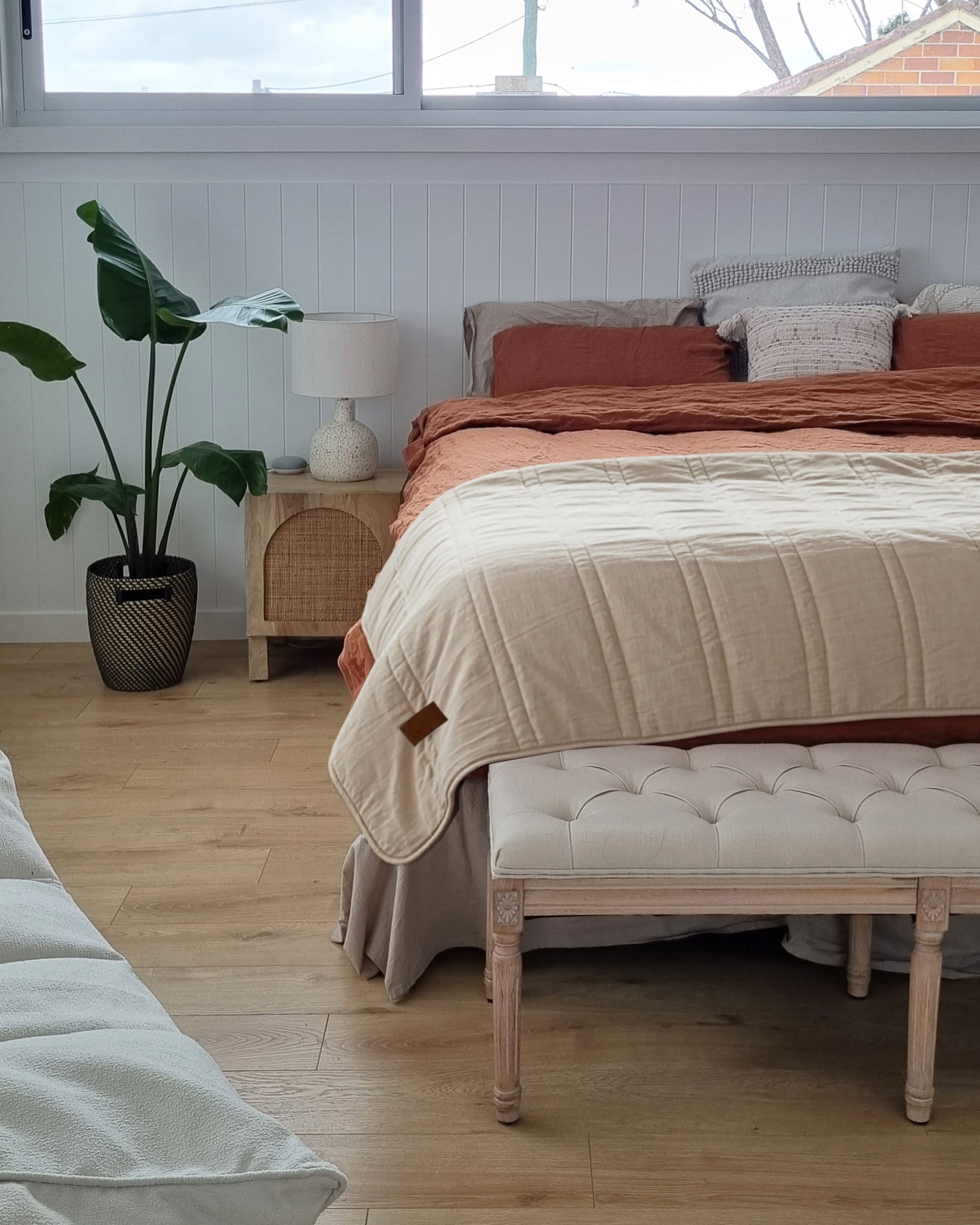 Multi-Purpose Cotton Sleeping Bag Picnic Mat Blanket - Beige Stripes/Dusty Pink pebble stacker